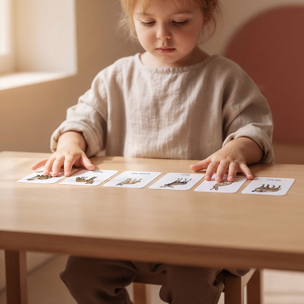 A child working with a row of animal flashcards