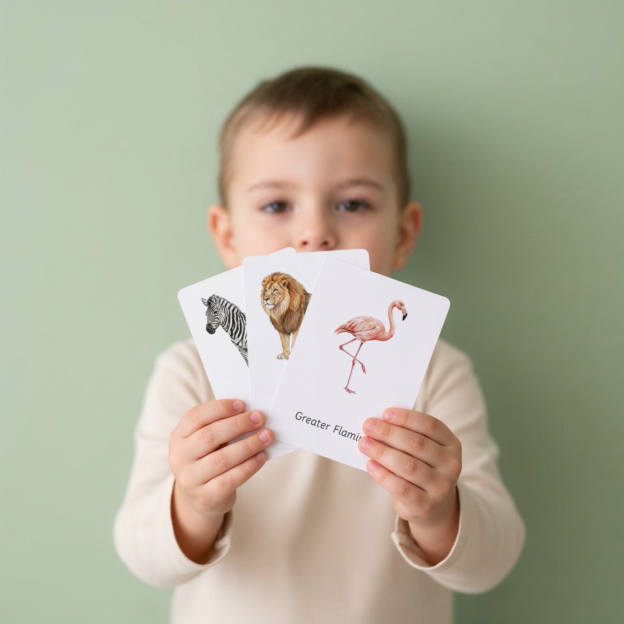 Child holding Montessori animal flashcards