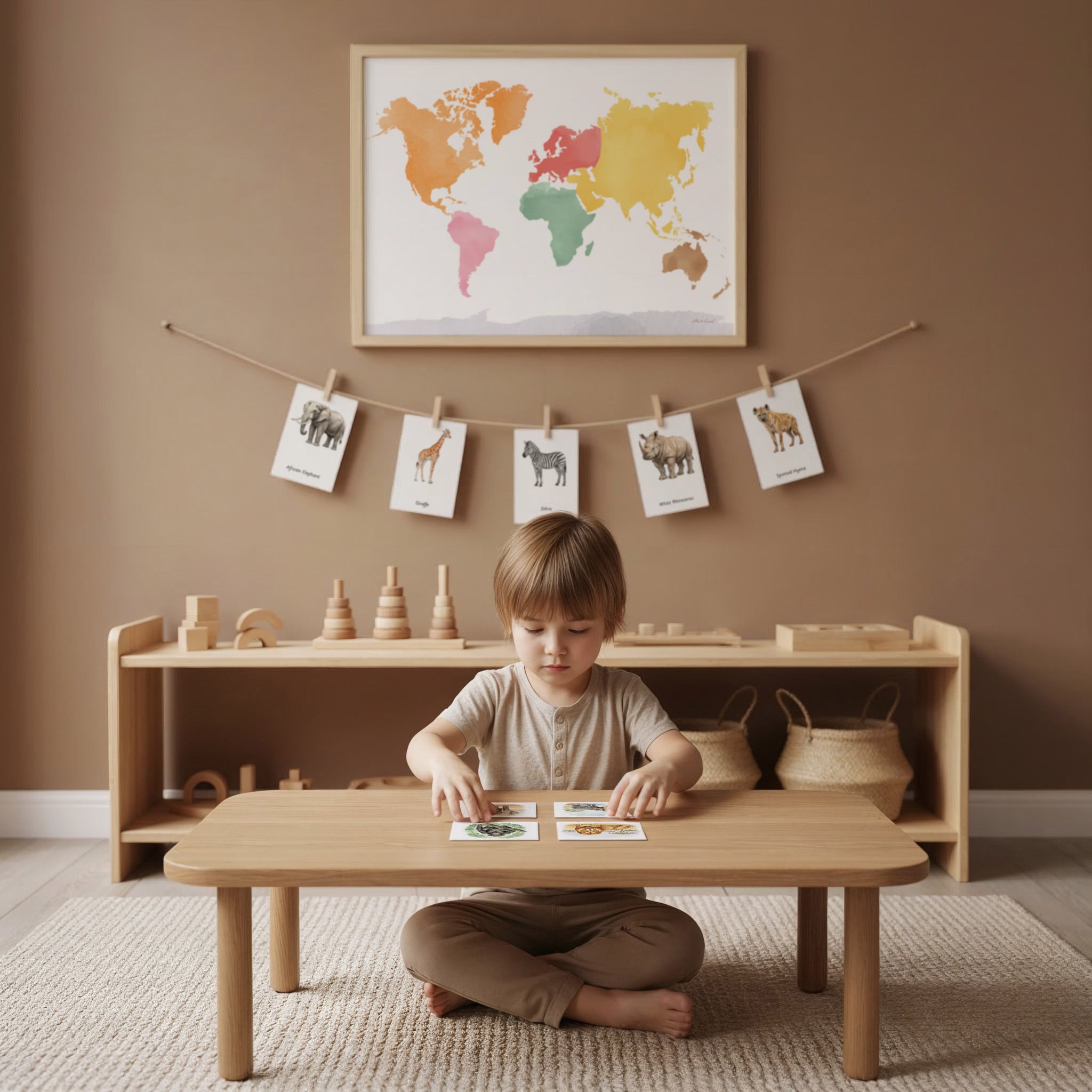 A child arranging learning cards in a Montessori-style room