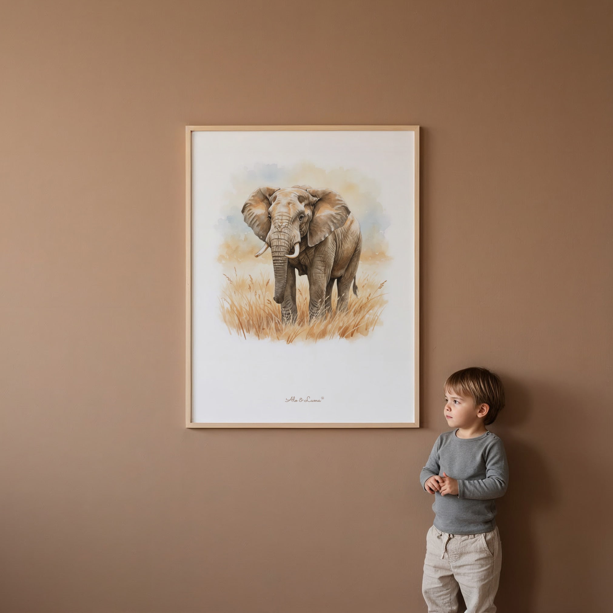 Watercolor elephant poster framed on a wall