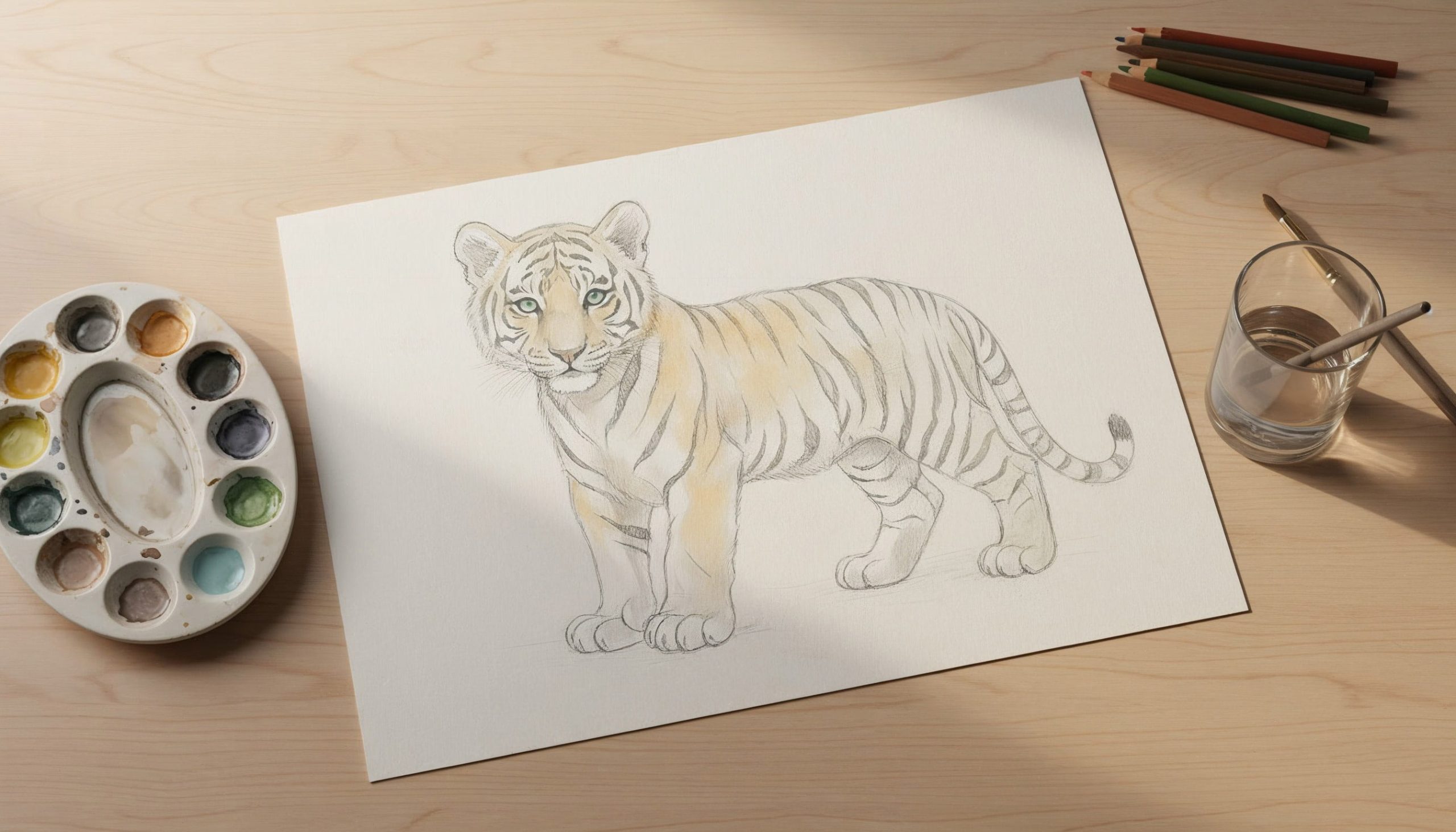 A watercolor tiger illustration with a paint palette on a wooden desk